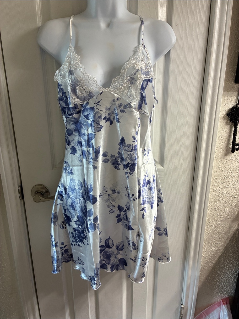 SHEIN White Satin Chemise with Blue Floral Print and Lace
